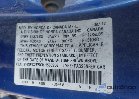 2017 Honda Civic Lx z USA, uszkodzony, nr VIN 2HGFC2F5XHH566806